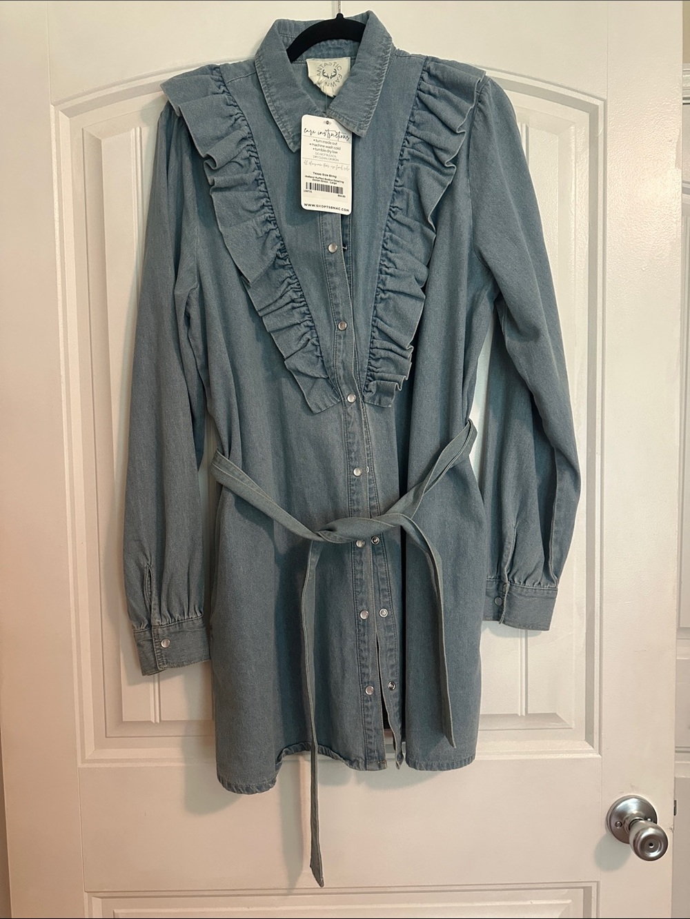 Ruffled Denim dress with Tie Belt